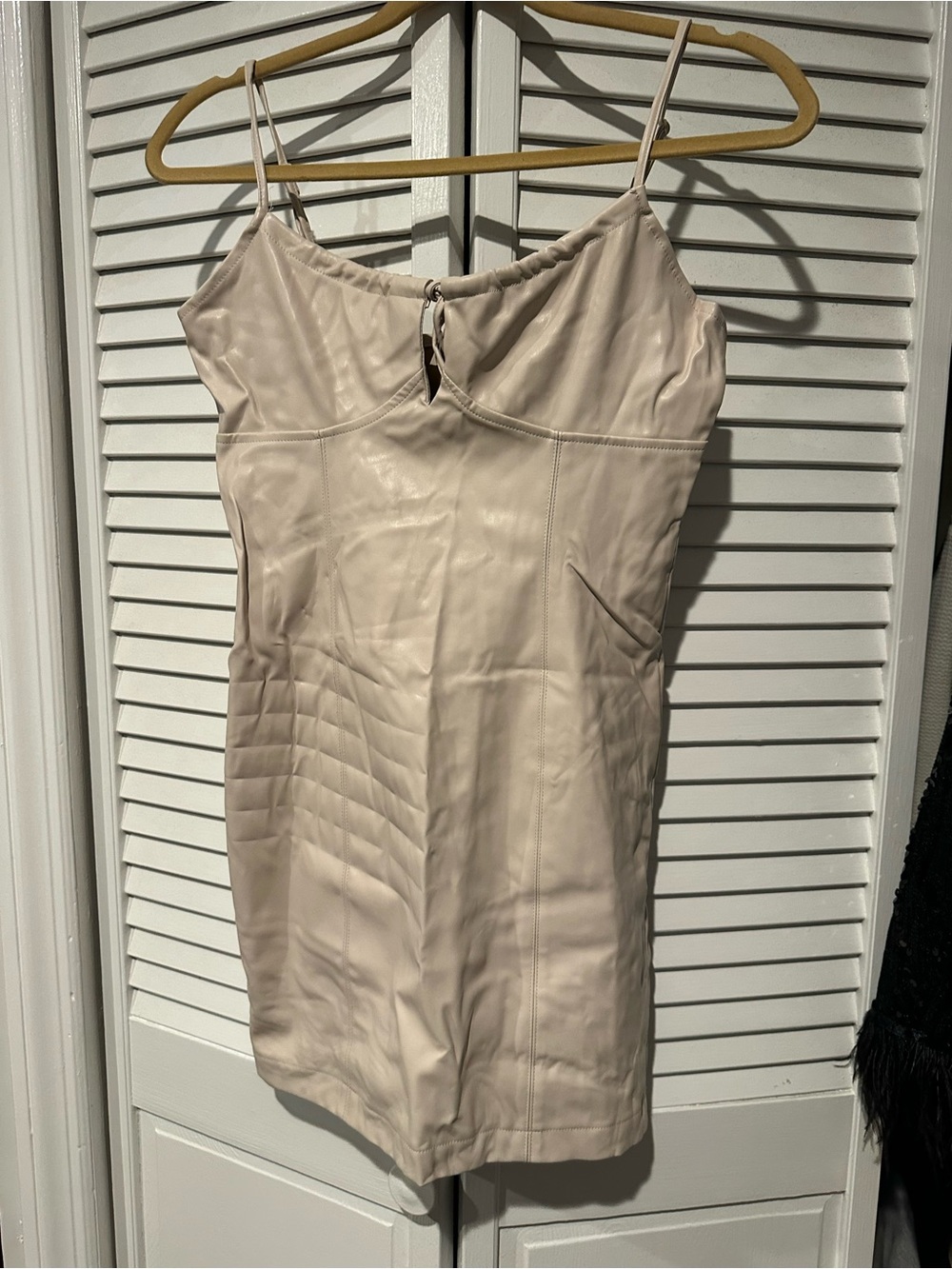 Sleeveless Beige Faux-Leather Slip Dress
